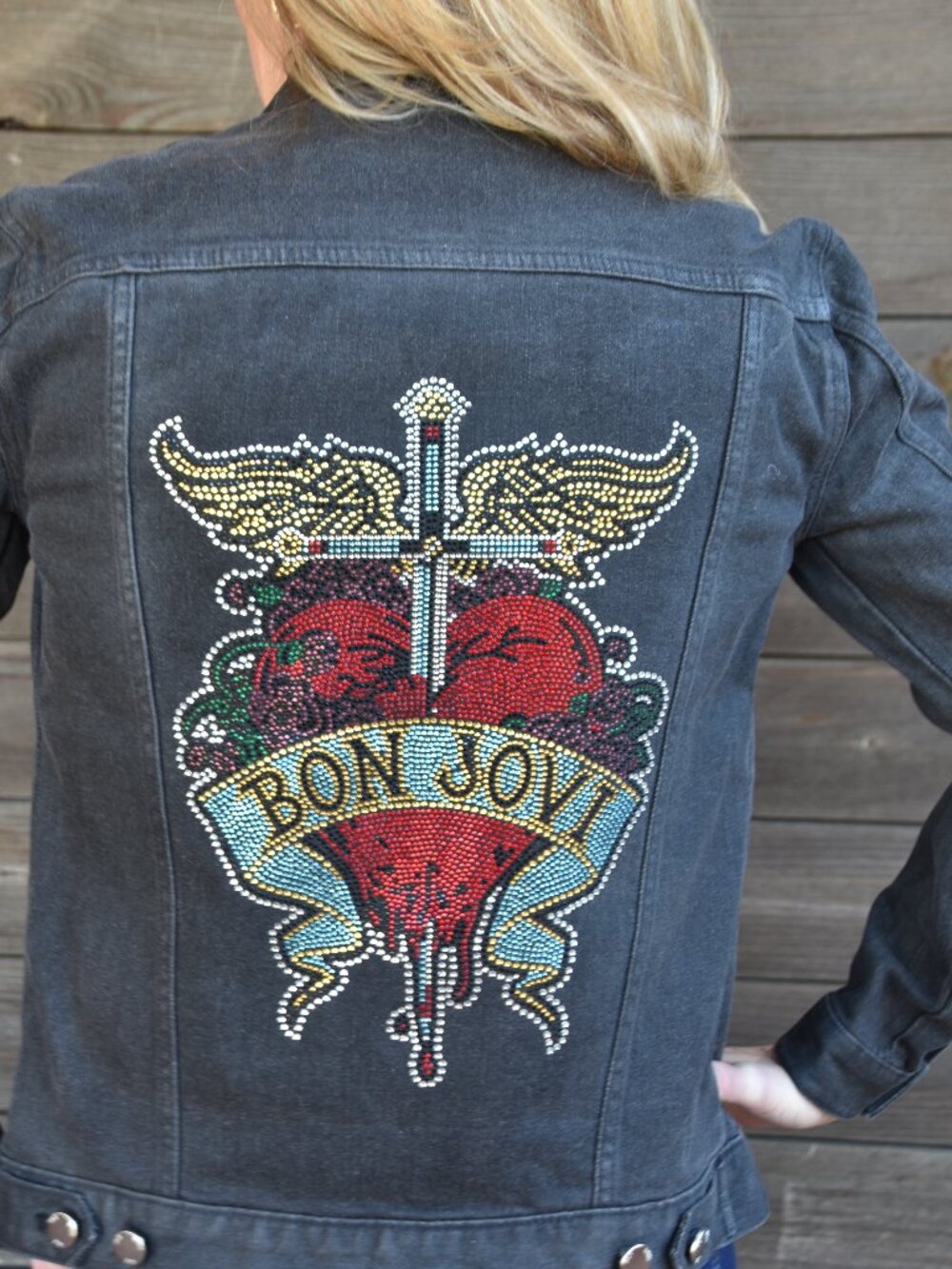 Bon Jovi rhinestone bling light black denim jacket size small - Picture 8 of 9